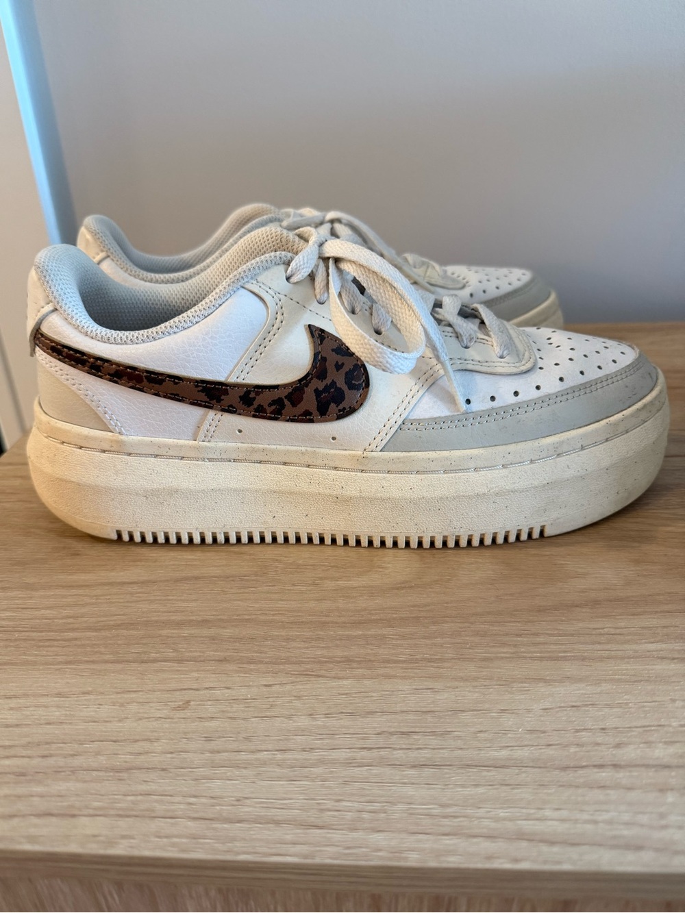 Nike Women's White Platform Sneakers with Leopard-Print Swoosh